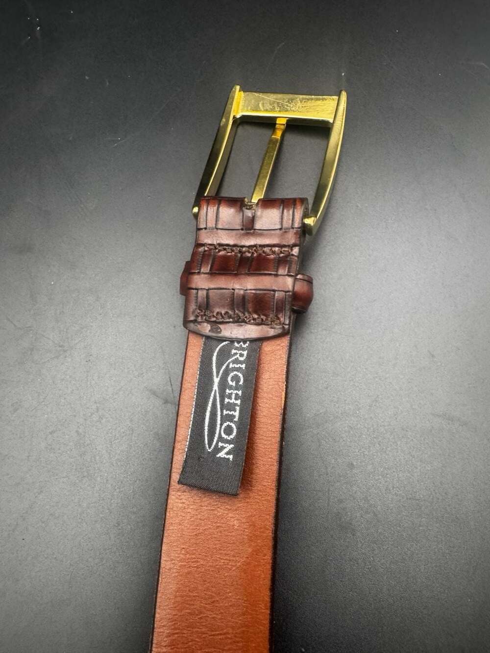 Brighton Men's Brown Croc-Embossed Leather Belt Size 42 Gold Buckle